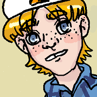 A square image of my character Arden Leeds, a man with shaggy blond hair, wearing a baseball hat and has a gap in his teeth.